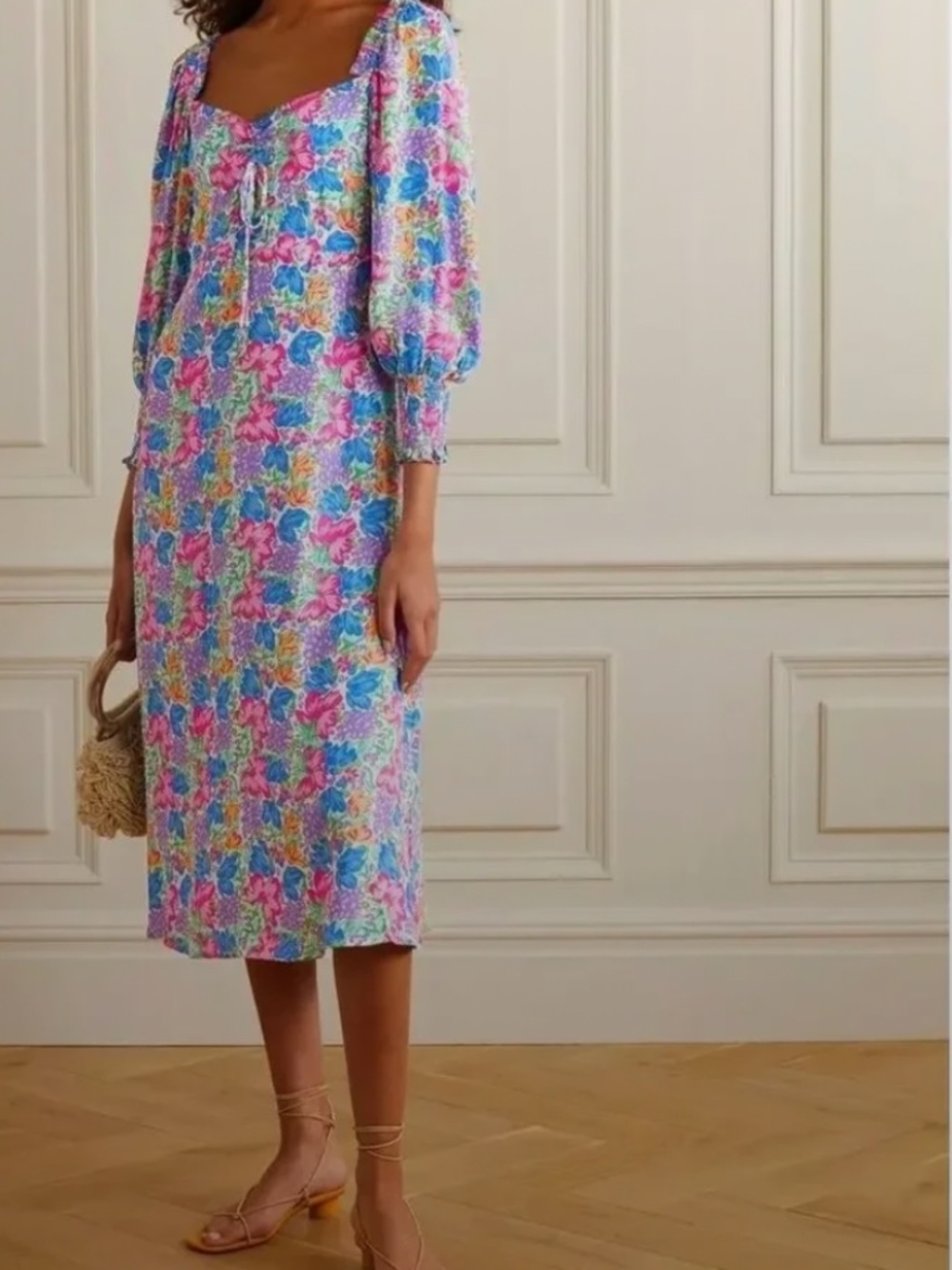 Mathilde Balloon-Sleeve Floral Midi Dress - Size M